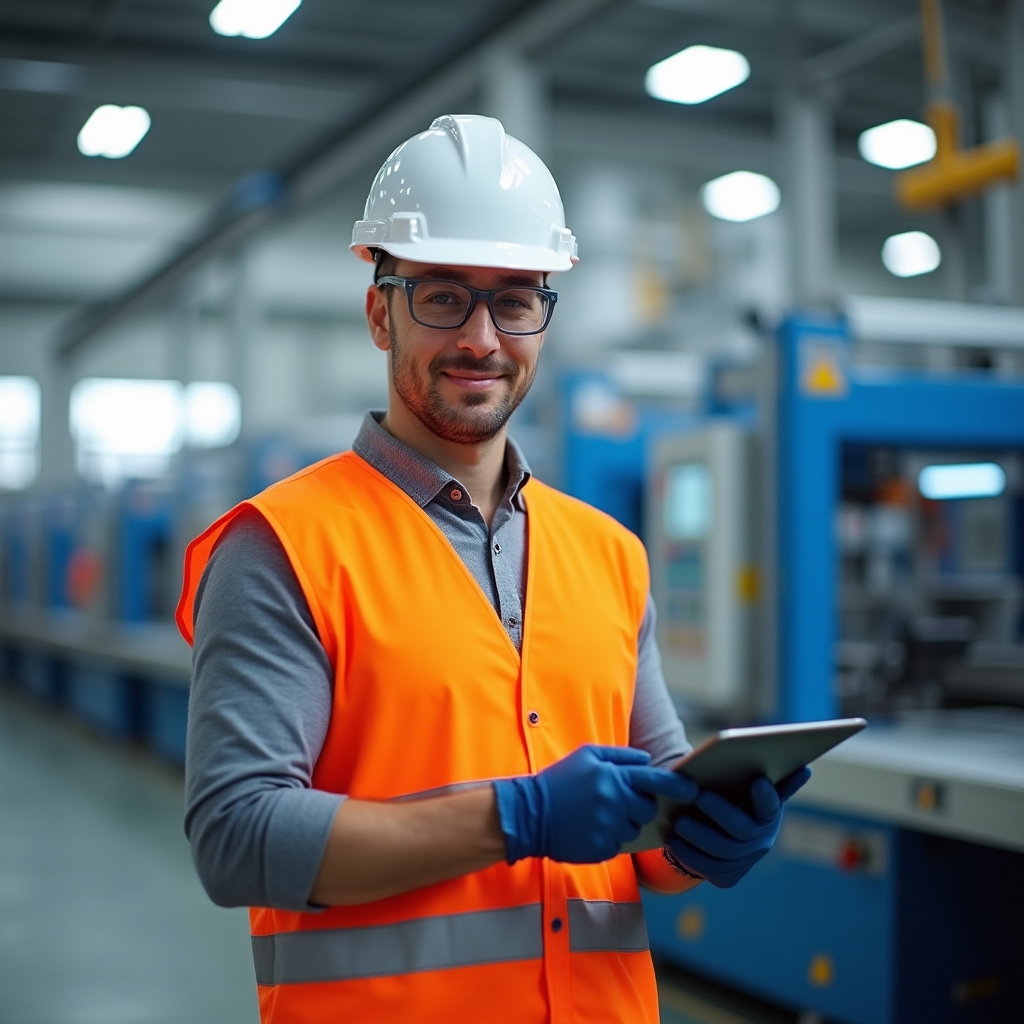 Работник производственного предприятия в защитном снаряжении