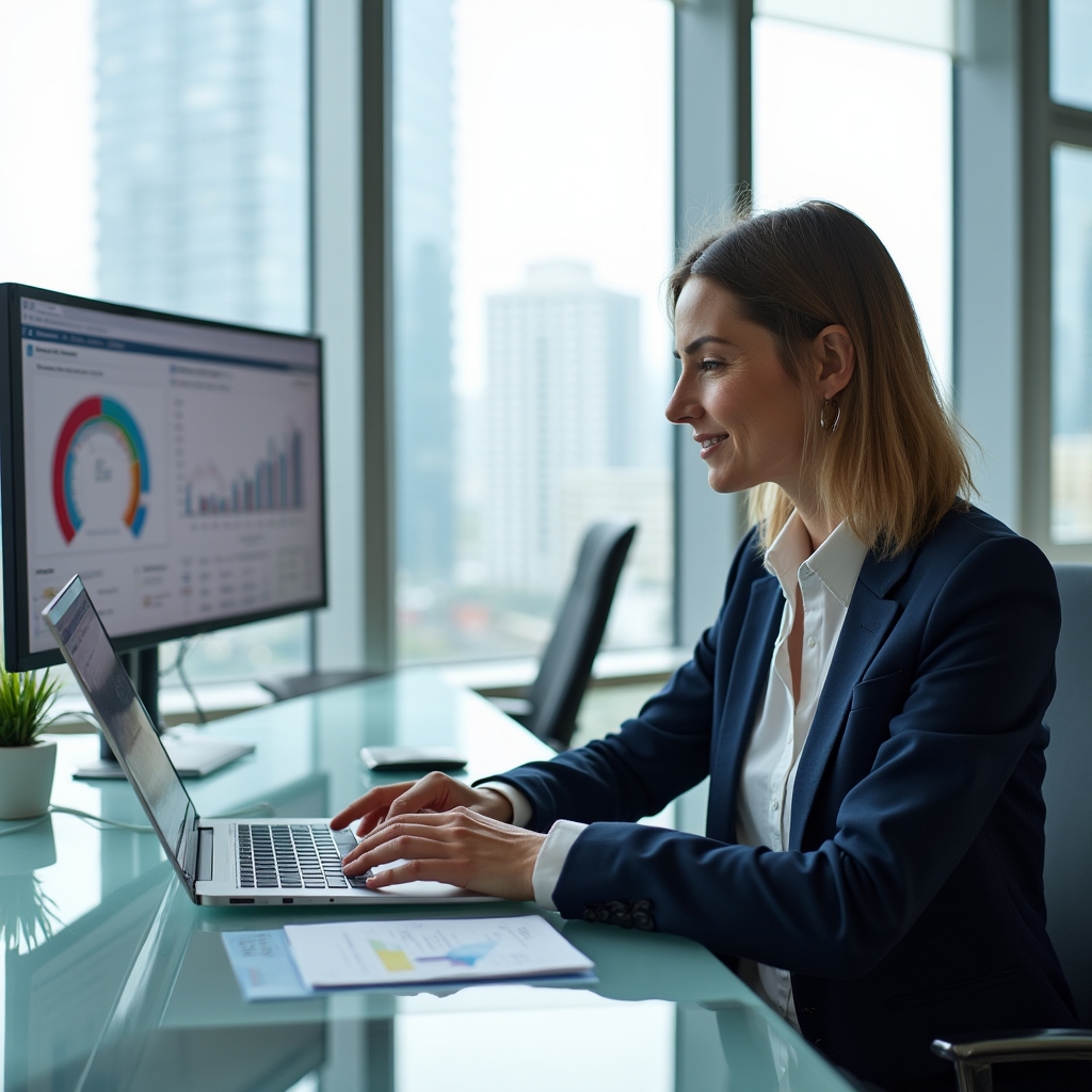 Специалист по охране труда просматривает отчёты на ноутбуке