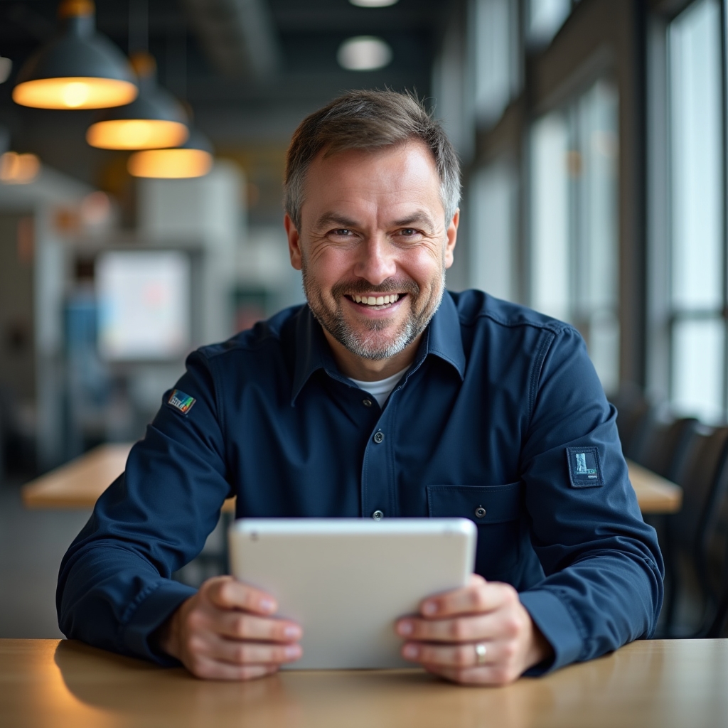 Рабочий проходит онлайн-курс по охране труда на планшете